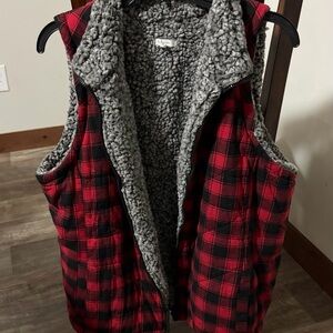 Red and Black Plaid Sherpa Vest